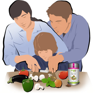 Illustration Familie am Küchenbrett mit Gemüsen und Gewürzen